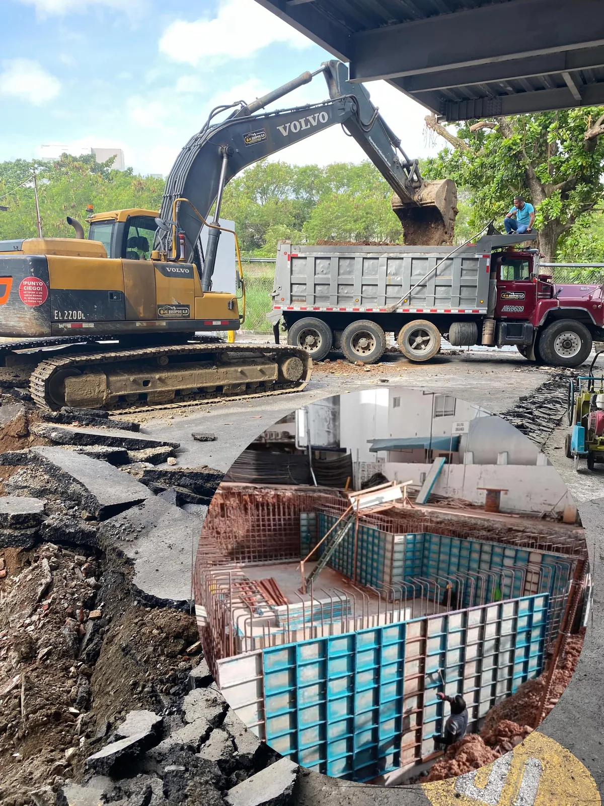 Excavadora Volvo cargando un volquete y, en un recuadro, el encofrado de un tanque.